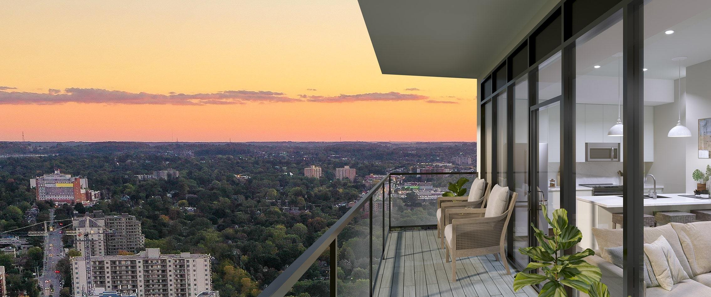 Artist rendering of Q Condos balcony view over Kitchener during sunset
